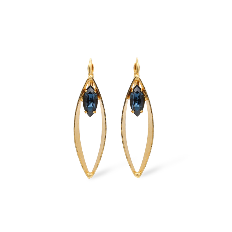 gold eye earrings with blue crystal