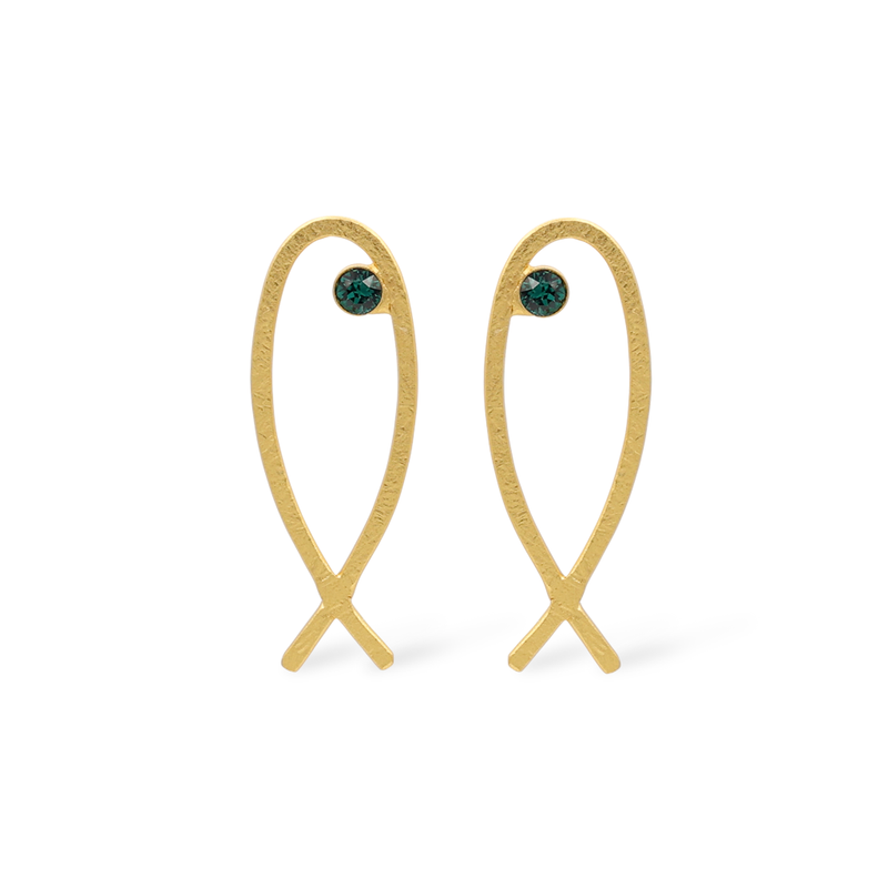 gold fish earrings with emerald crystal
