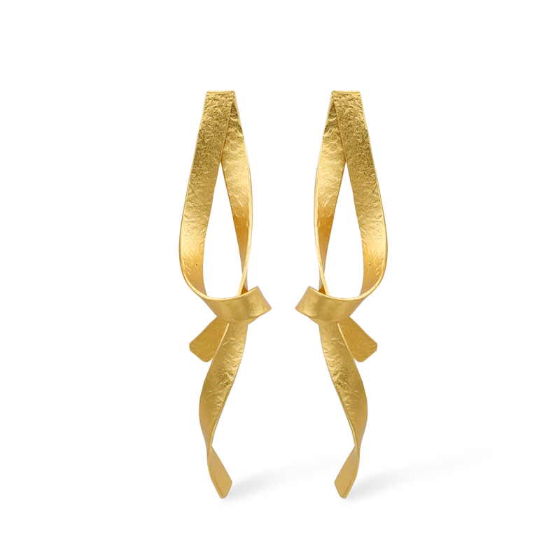 ribbon style gold large statement earrings