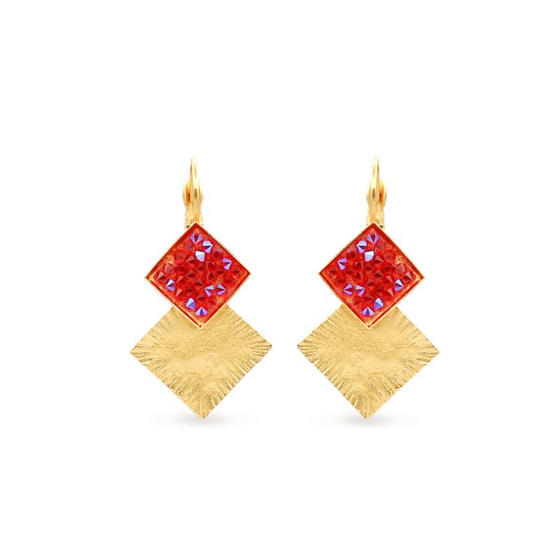 gold tetragon earrings with red crystals