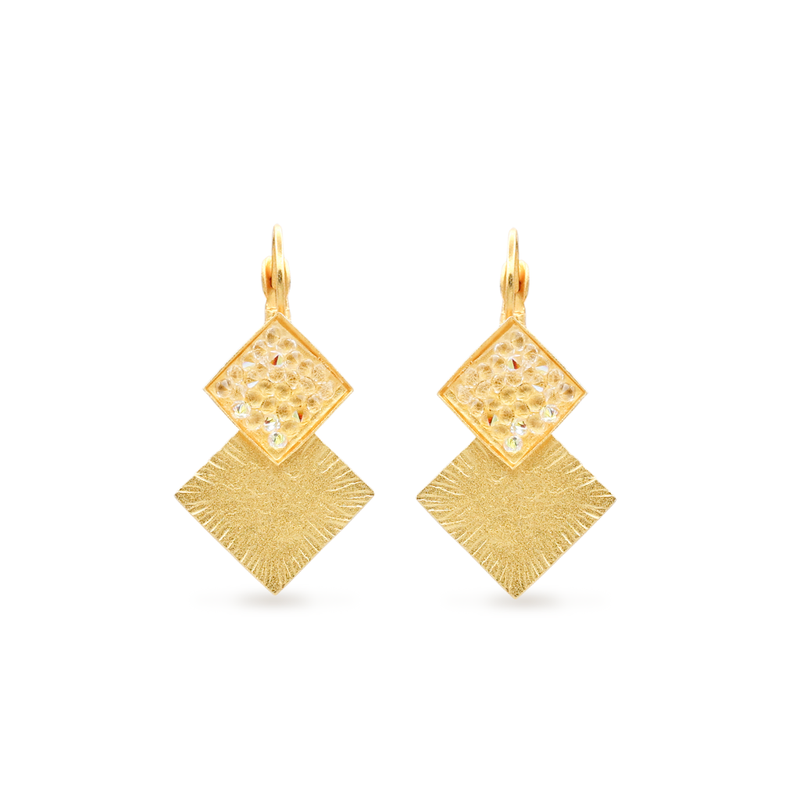 gold tetragon earrings with white crystals