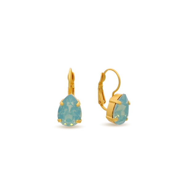 gold teardrop crystal earrings with  pacific blue crystal