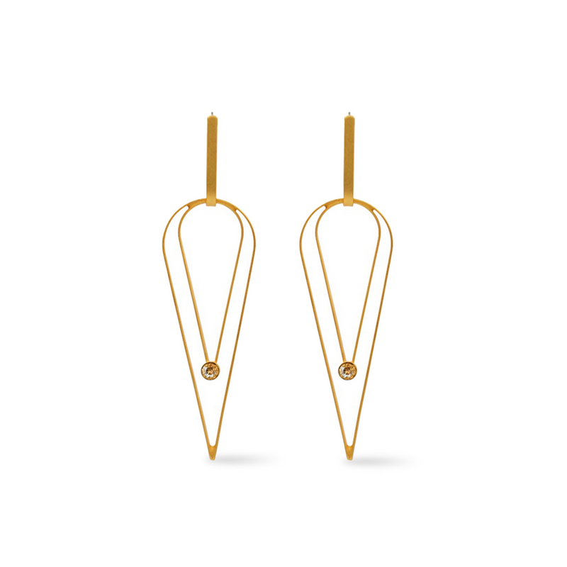 Long gold statement earrings with golden shadow crystal