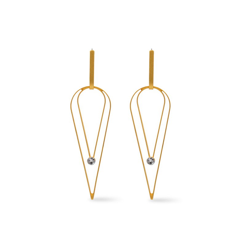 Long gold dangle  earrings with white crystal