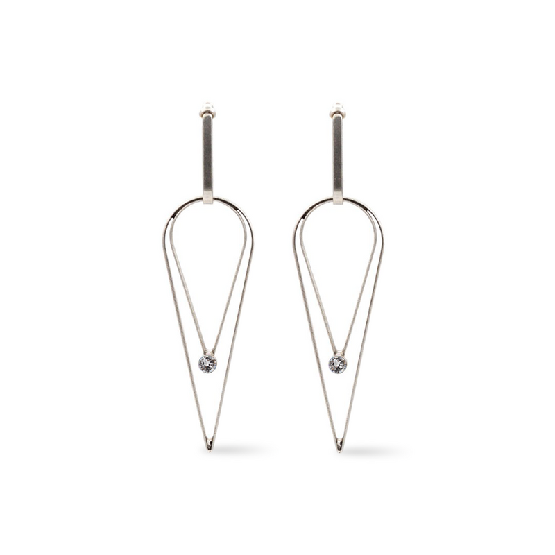 Silver long dangle earrings with white crystal