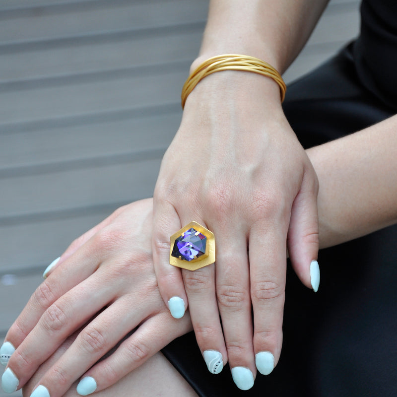 Hexagon gold ring with purple crystal