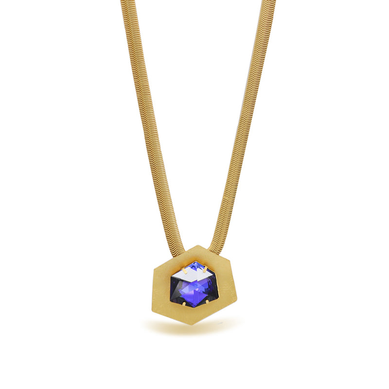 Gold plated thick chain hexagon pendant necklace with a purple crystal