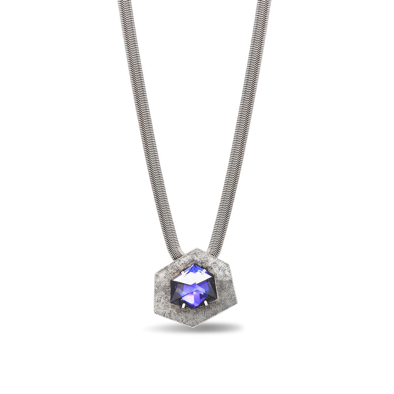 Silver plated thick chain hexagon pendant necklace with a purple crystal