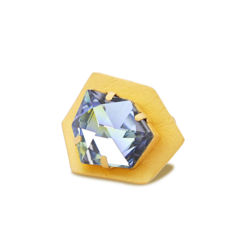 Hexagon gold statement ring with blue crystal