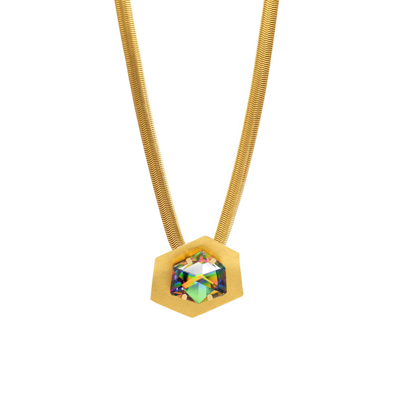 Gold plated thick chain hexagon pendant necklace with a green crystal