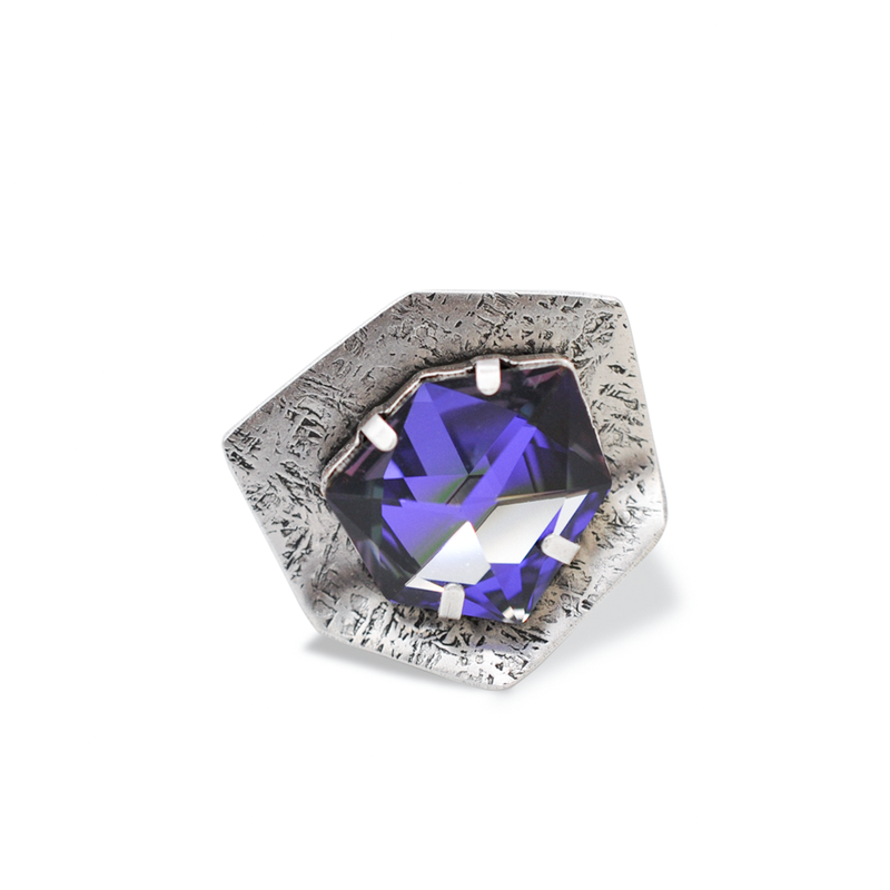 Hexagon silver statement ring with purple crystal