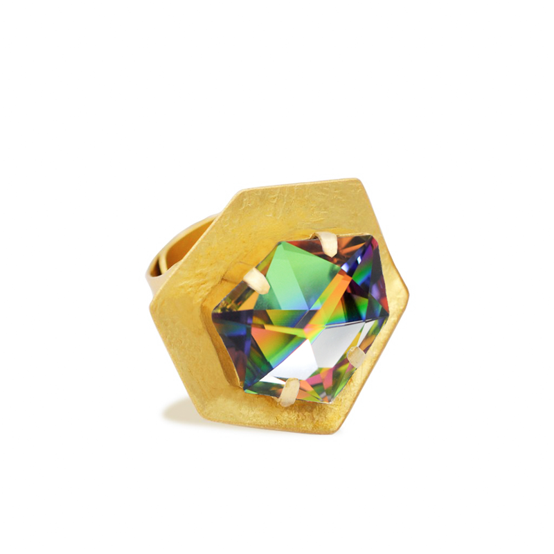 Hexagon gold statement ring with green crystal
