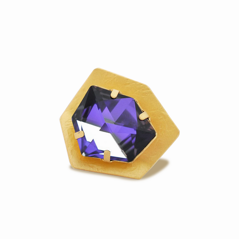 Hexagon gold statement ring with purple crystal