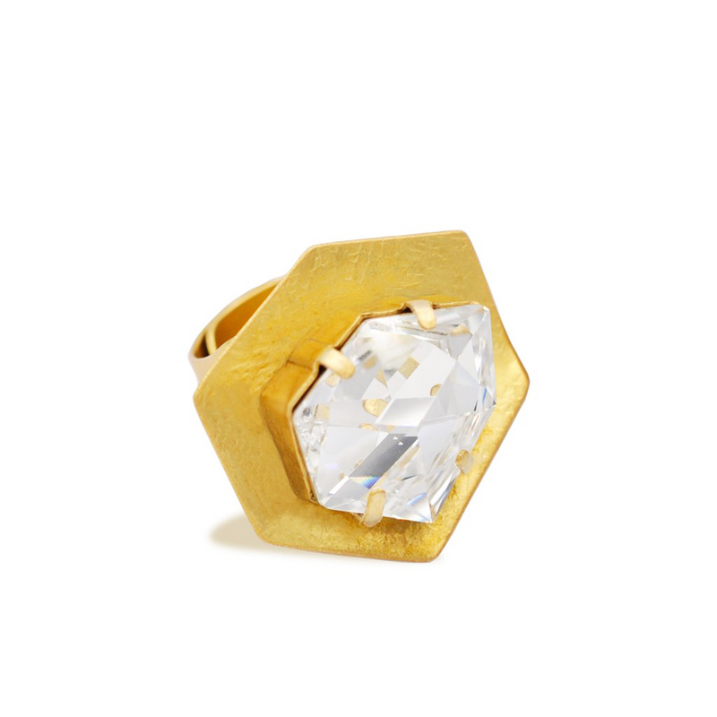 Hexagon gold statement ring with white crystal
