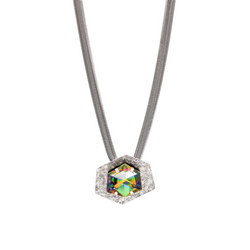 Silver plated thick chain hexagon pendant necklace with a green crystal