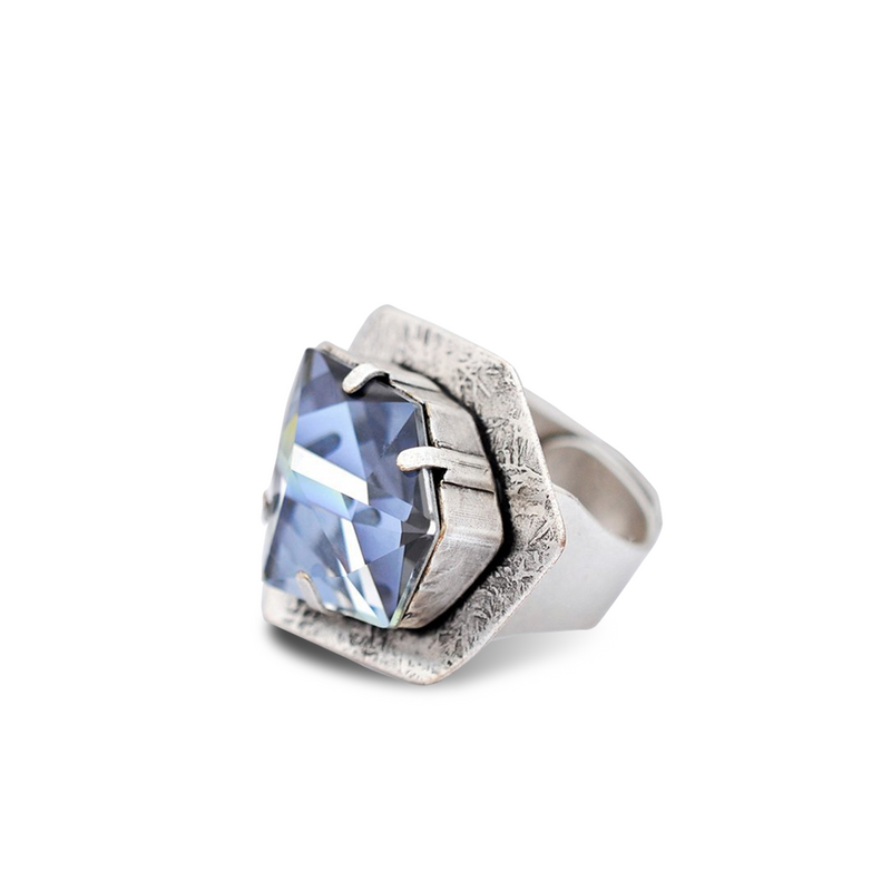 Hexagon silver statement ring with blue crystal