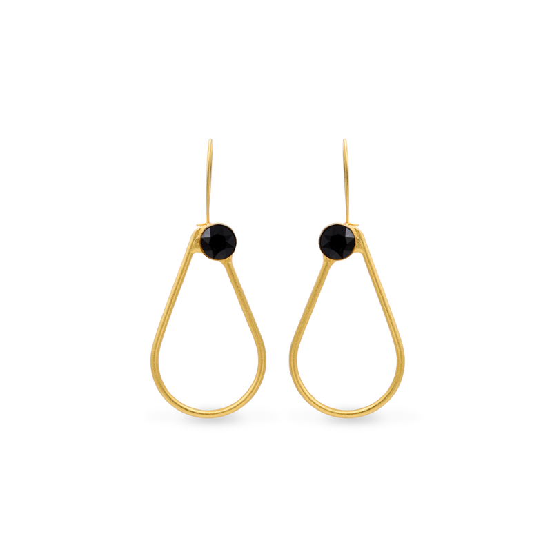 Gold dangle drop earrings with black onyx