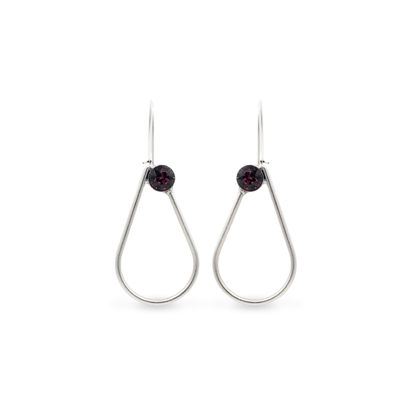 Silver dangle drop earrings with amethyst crystal