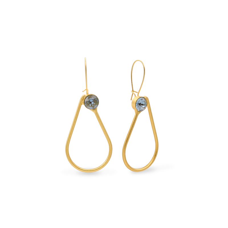 Gold dangle drop earrings with aqua crystal