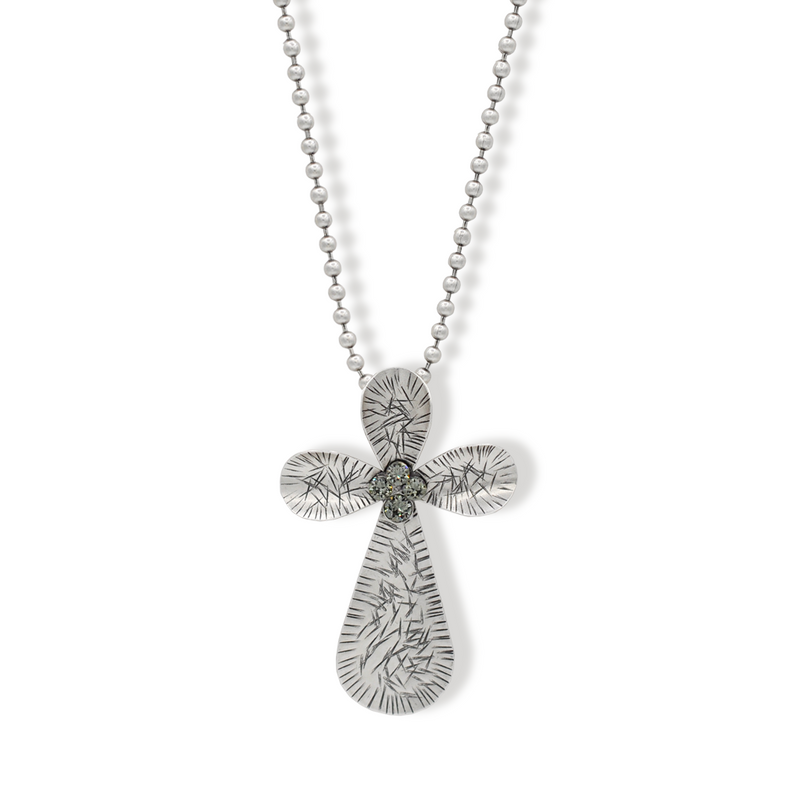 large silver cross necklace with smokey grey crystals