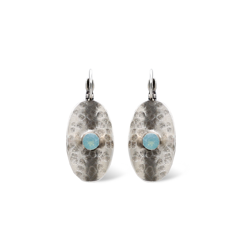 hammered silver oval dangle earrings with pacific blue