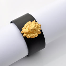 Black leather gold lion cuff bracelet
