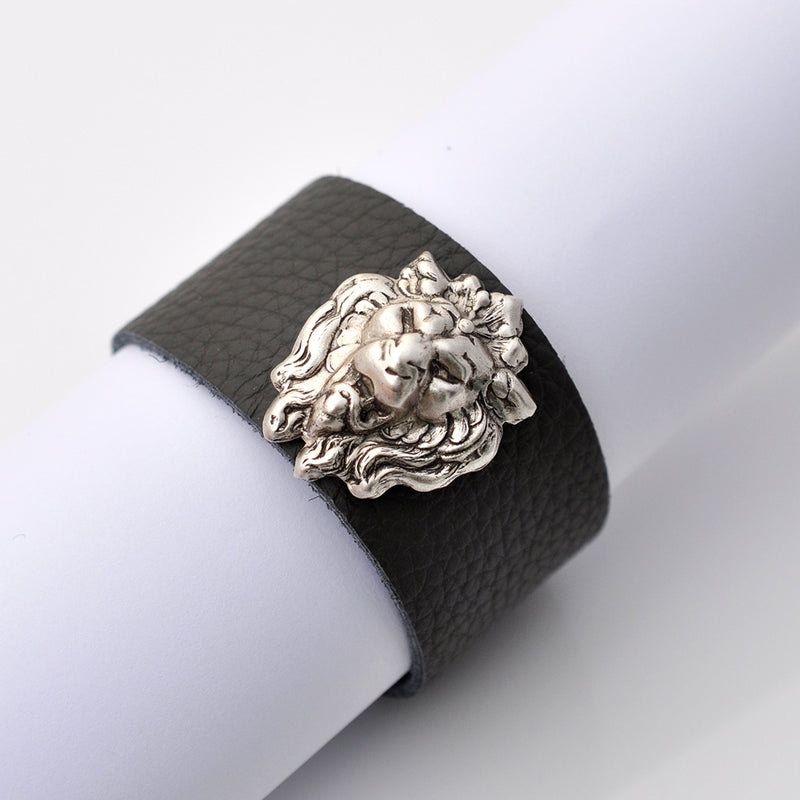 grey leather silver lion cuff