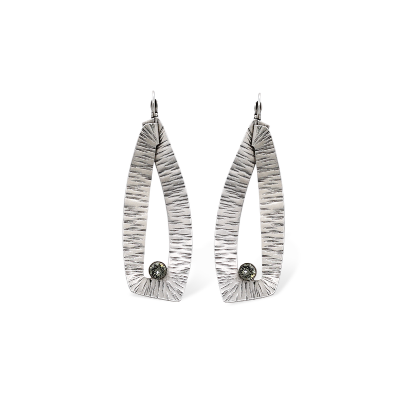 Silver sailboat earrings with smokey grey crystal