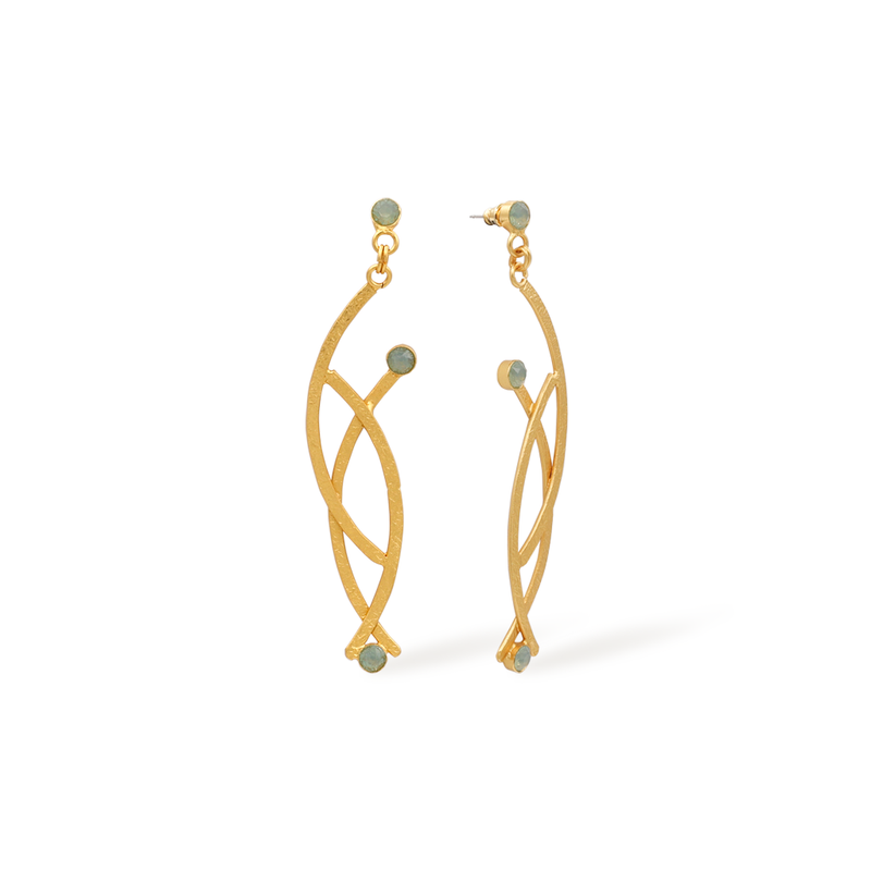 gold branch style long dangle earrings with pacific blue crystal