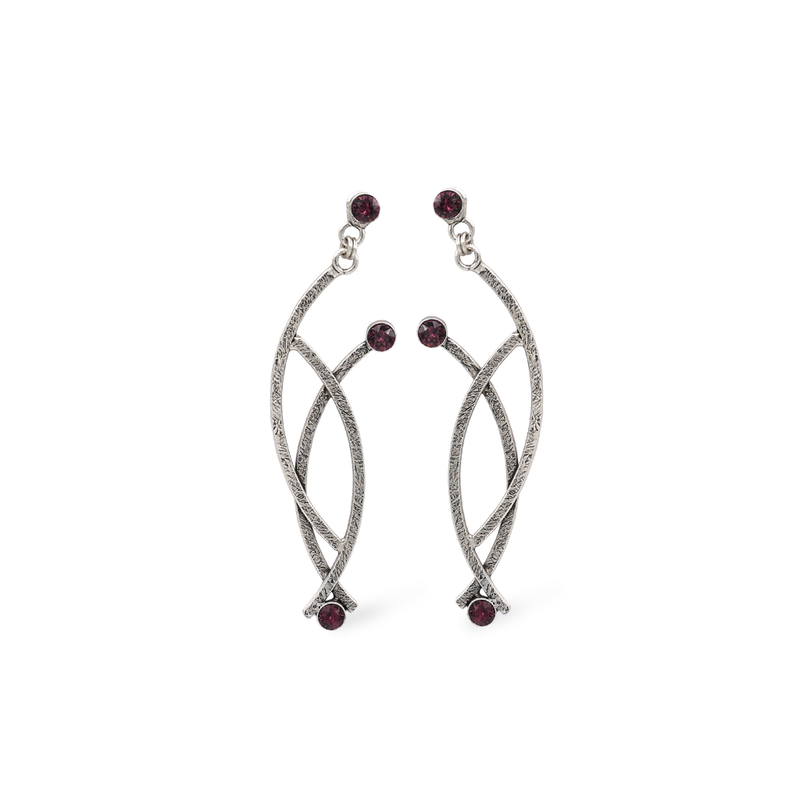 Silver branch style long dangle earrings with amethyst crystal