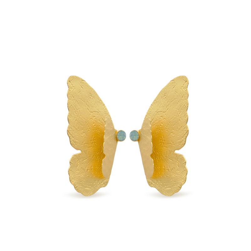 gold mariposa earrings with pacific blue crystal