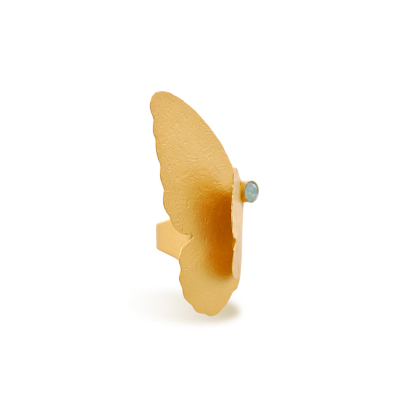 Gold butterfly ring with pacific opal crystal