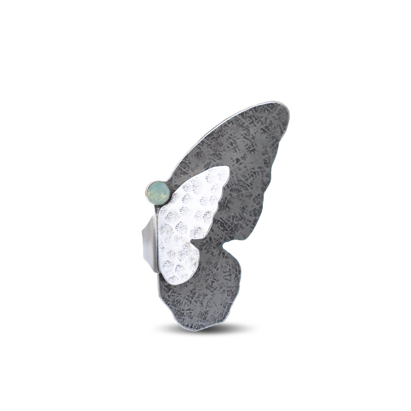 Silver butterfly ring with pacific opal crystal
