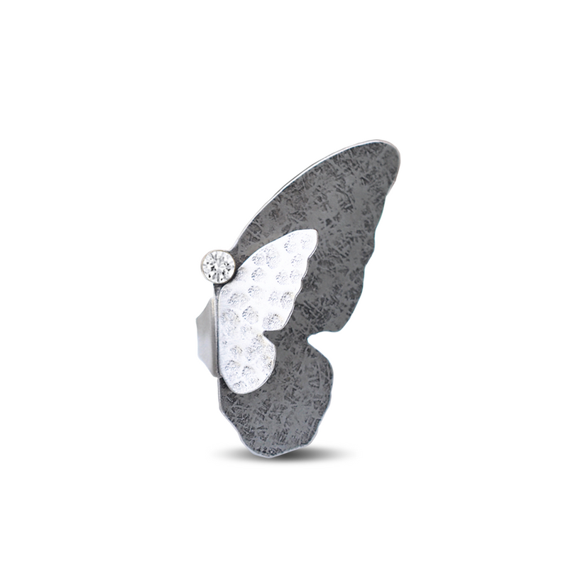 Silver butterfly ring with clear crystal