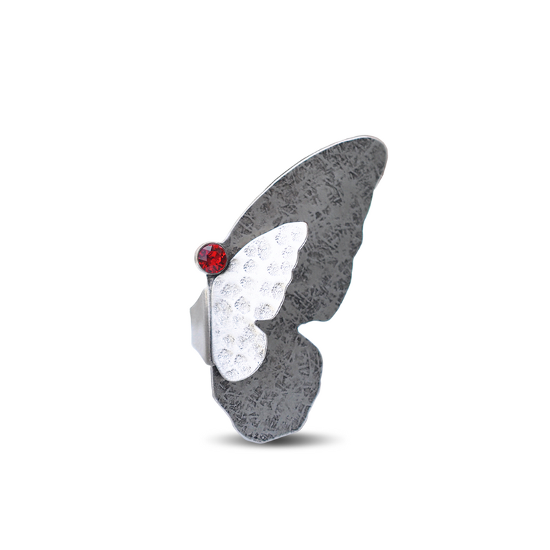 Silver butterfly ring with Red crystal