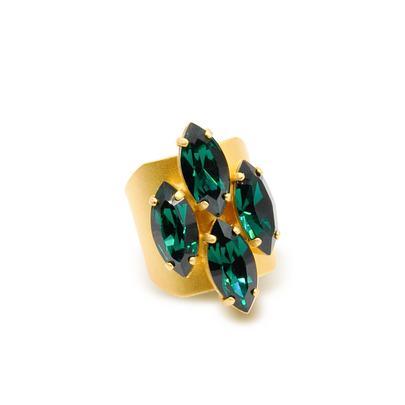 Gold marquise cut crystal ring with emerald crystals