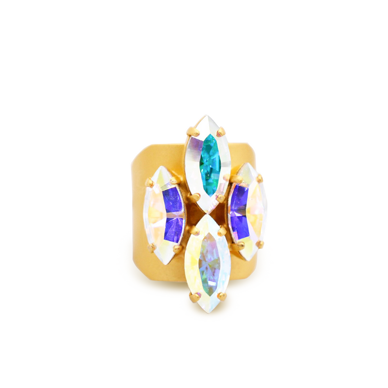 Gold marquise cut crystal ring with aurora crystals