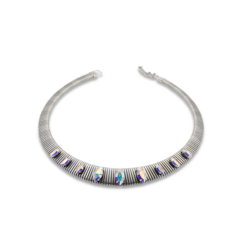 Silver choker chain necklace with aurora crystals