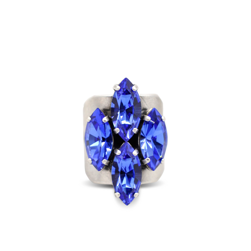 Silver marquise cut crystal ring with sapphire crystals