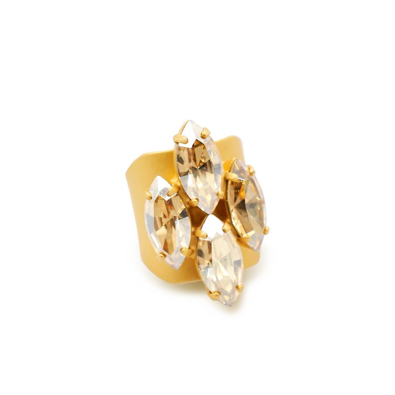 Gold marquise cut crystal ring with golden crystals