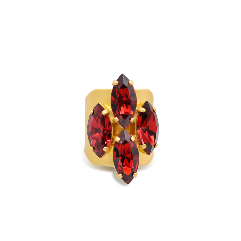 Gold marquise cut crystal ring with red crystals