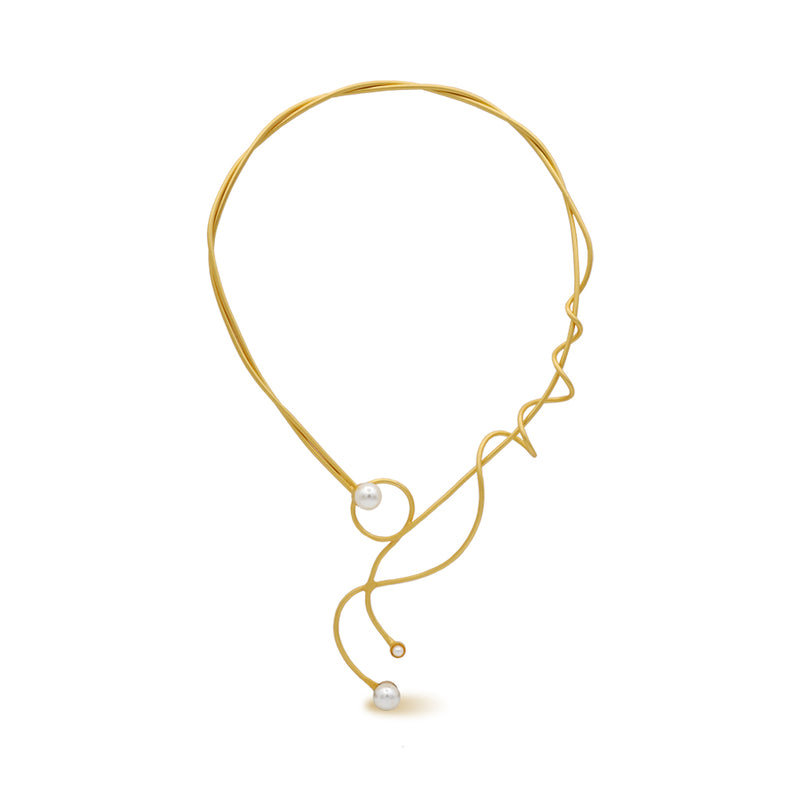 Gold sculptural necklace with white pearls