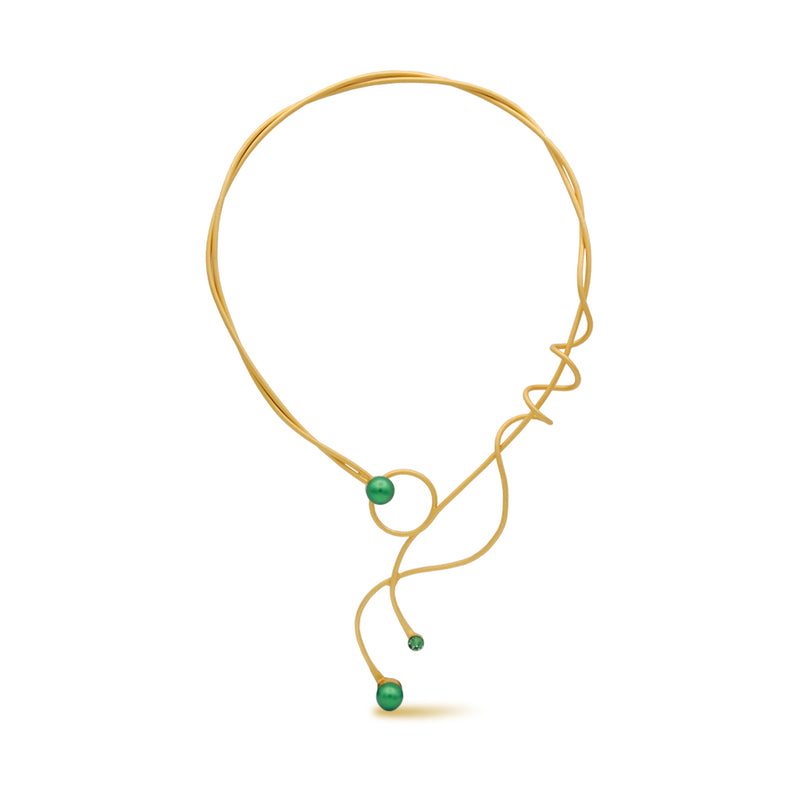 Gold sculptural necklace with green beads