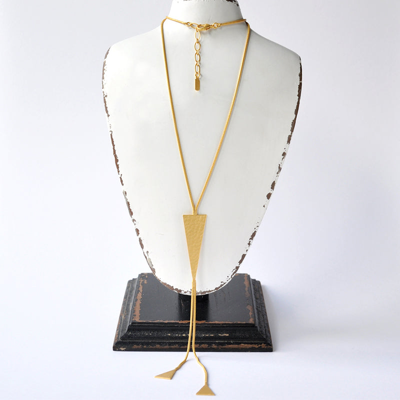 Hammered gold triangle  long chain necklace