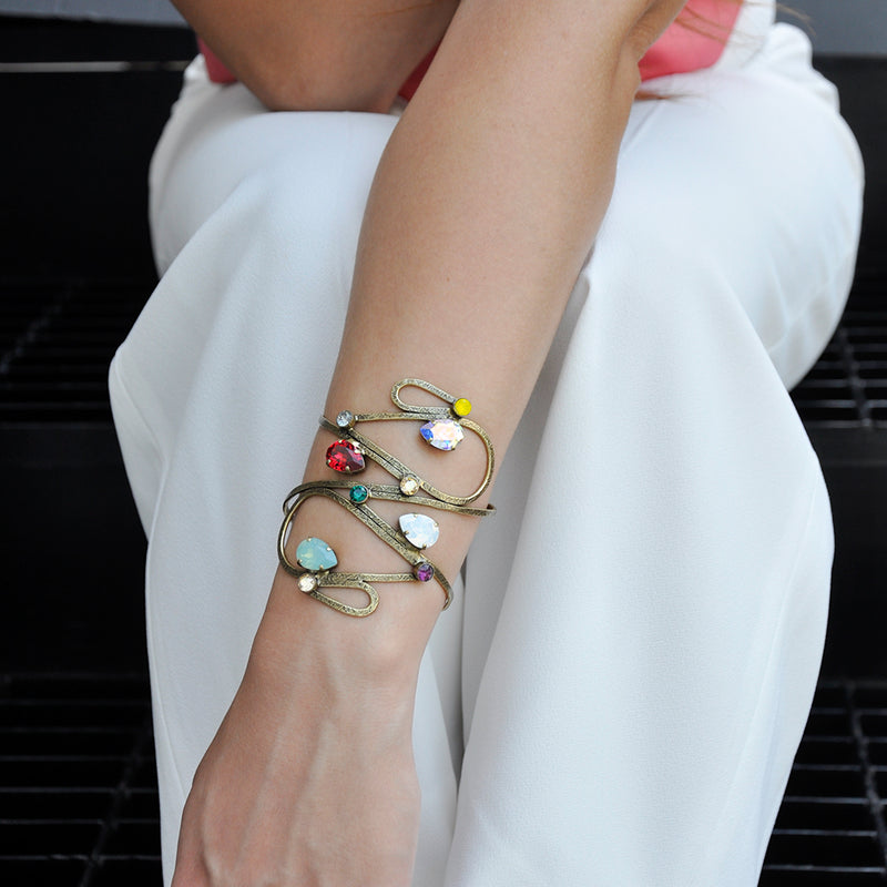 Wide bronze drop shape cuff bracelet with multicolor crystals
