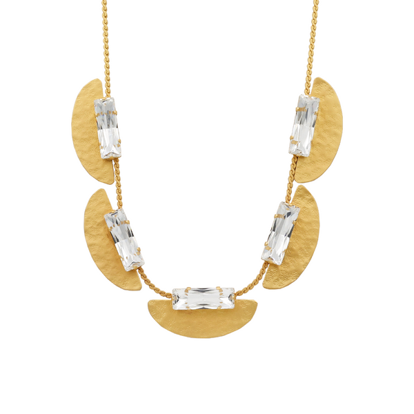 Hammered gold collar necklace with white baguette crystals