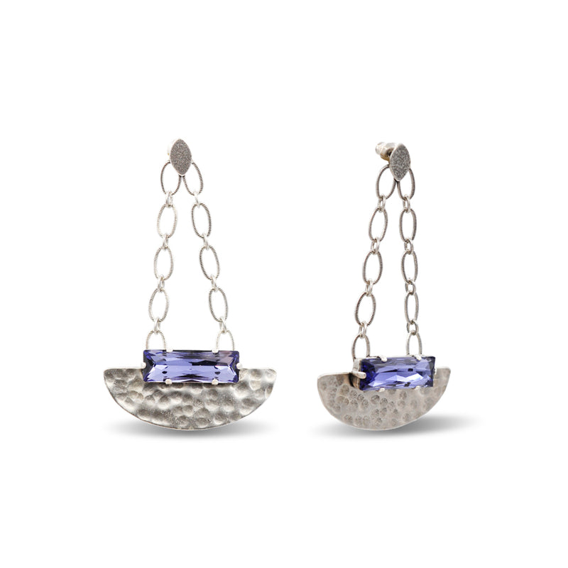hammered silver dangle chandelier earrings with tanzanite crystal
