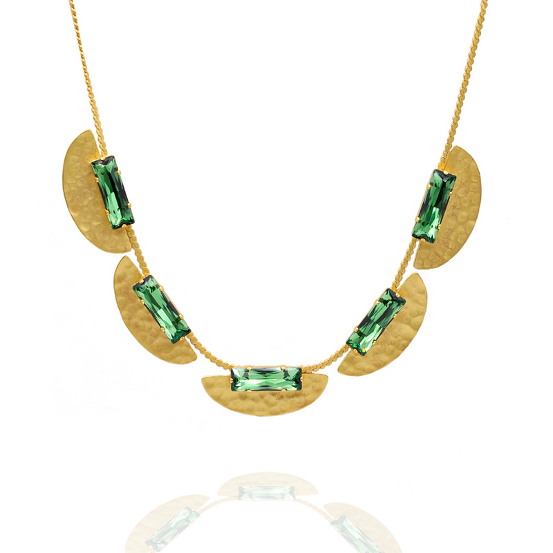 Hammered gold collar necklace with green baguette crystals