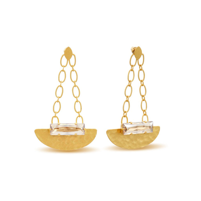 hammered gold dangle chandelier earrings with golden baguette crystals