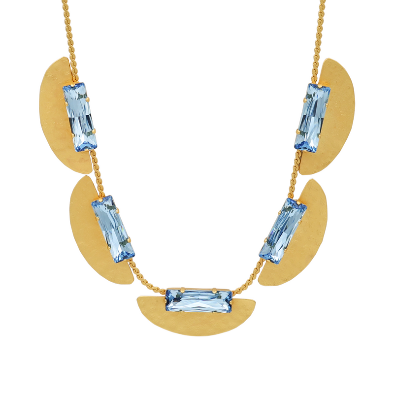 Hammered gold collar necklace with aqua baguette crystals